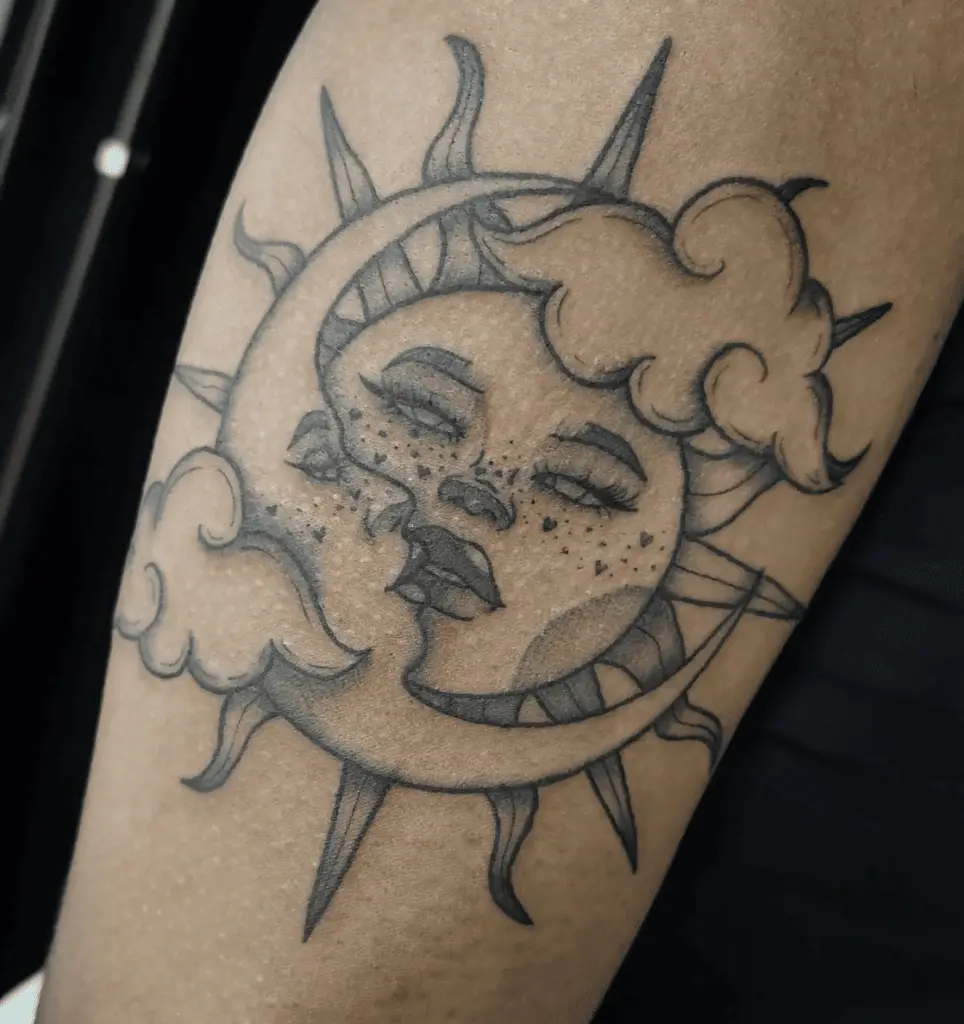 Gorgeous Sun and Cresent Moon Kissing With Heart Freckles Leg Tattoo