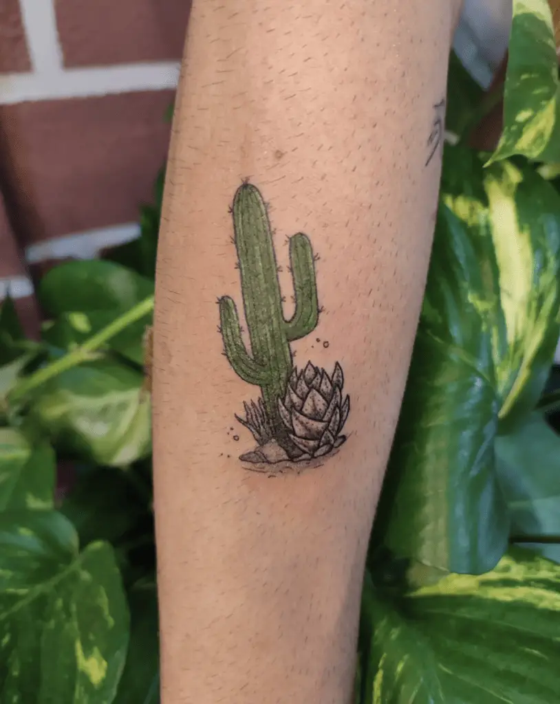 Green Cactus Beside a Lotus Cactus Arm Tattoo