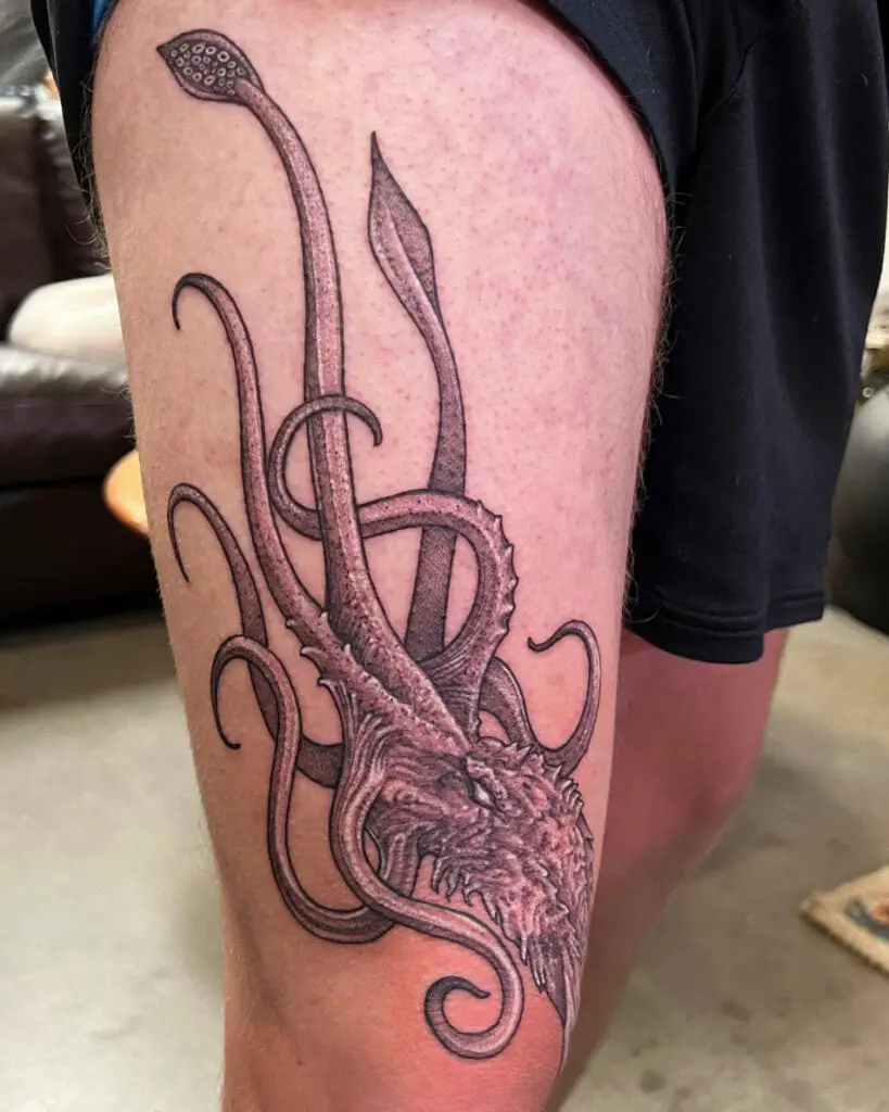 Grey Detailed Kraken Thigh Tattoo