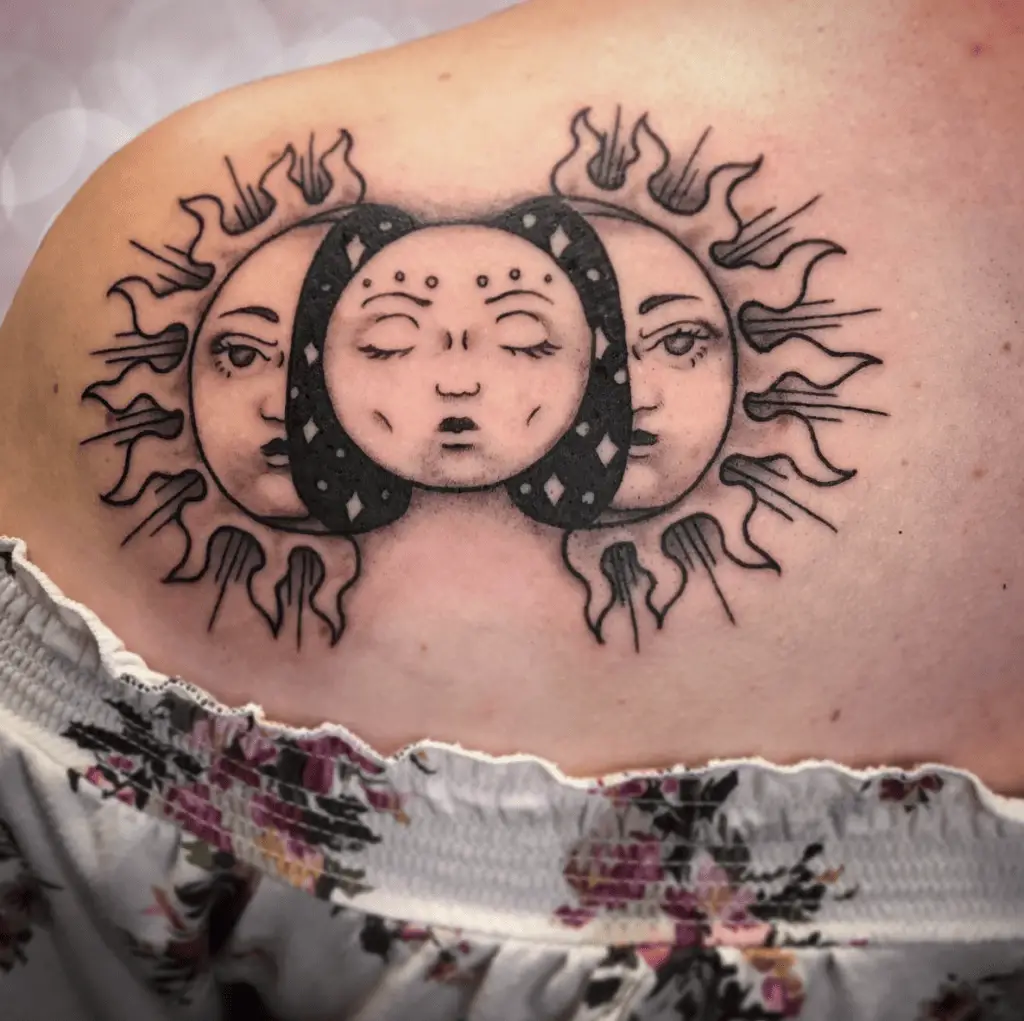 Half 3d Sphere Sun in the Middle of Moon With Face Shoulder Tattoo