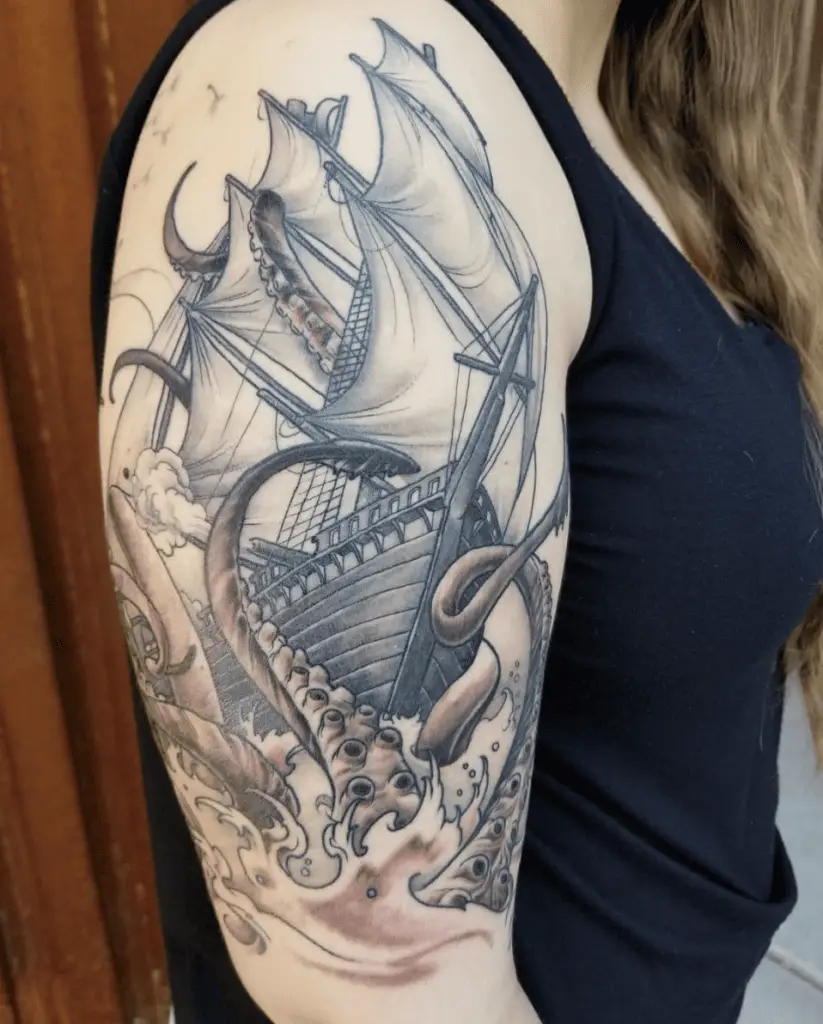 Illustration of Kraken and Ship Upper Arm Tattoo