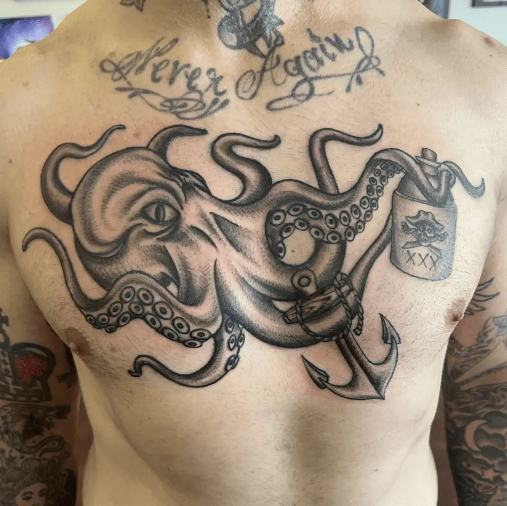 Kraken Carrying the Poison Bottle and Metal Anchor Chest Tattoo