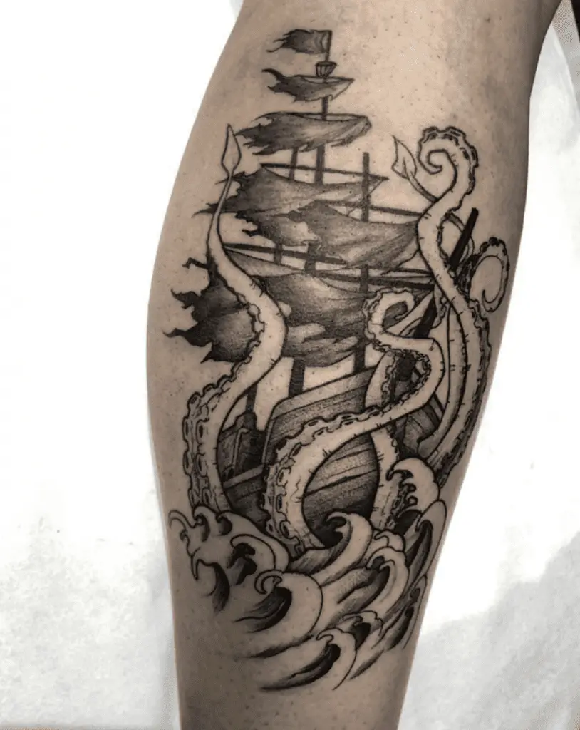 Kraken Tentacles Attacking the Ship Leg Tattoo