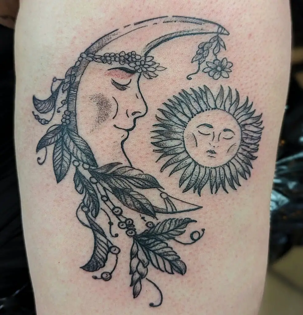 Leafy Cresent Moon and Sun Tattoo