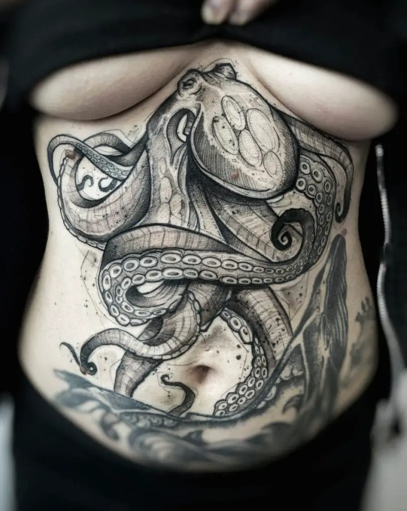 Line Art Huge Kraken Stomach Tattoo