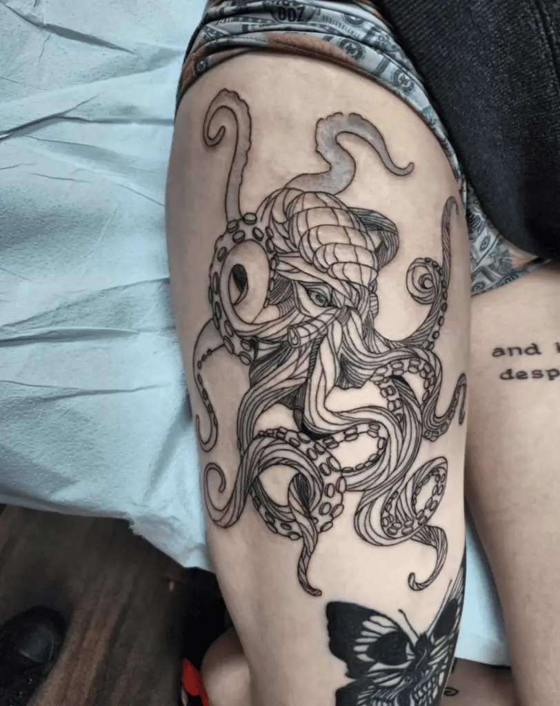 Line Art Kraken Thigh Tattoo
