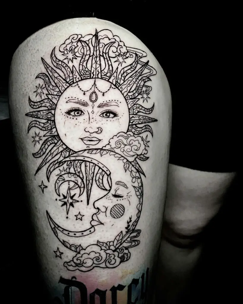Line Art Ornamental Sun and Moon Faces With Stars and Clouds Thigh Tattoo