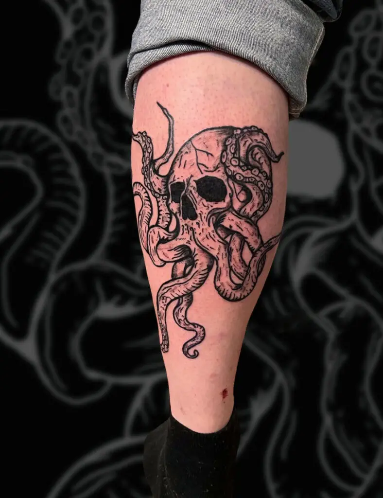 Line Art Kraken Skull Leg Tattoo