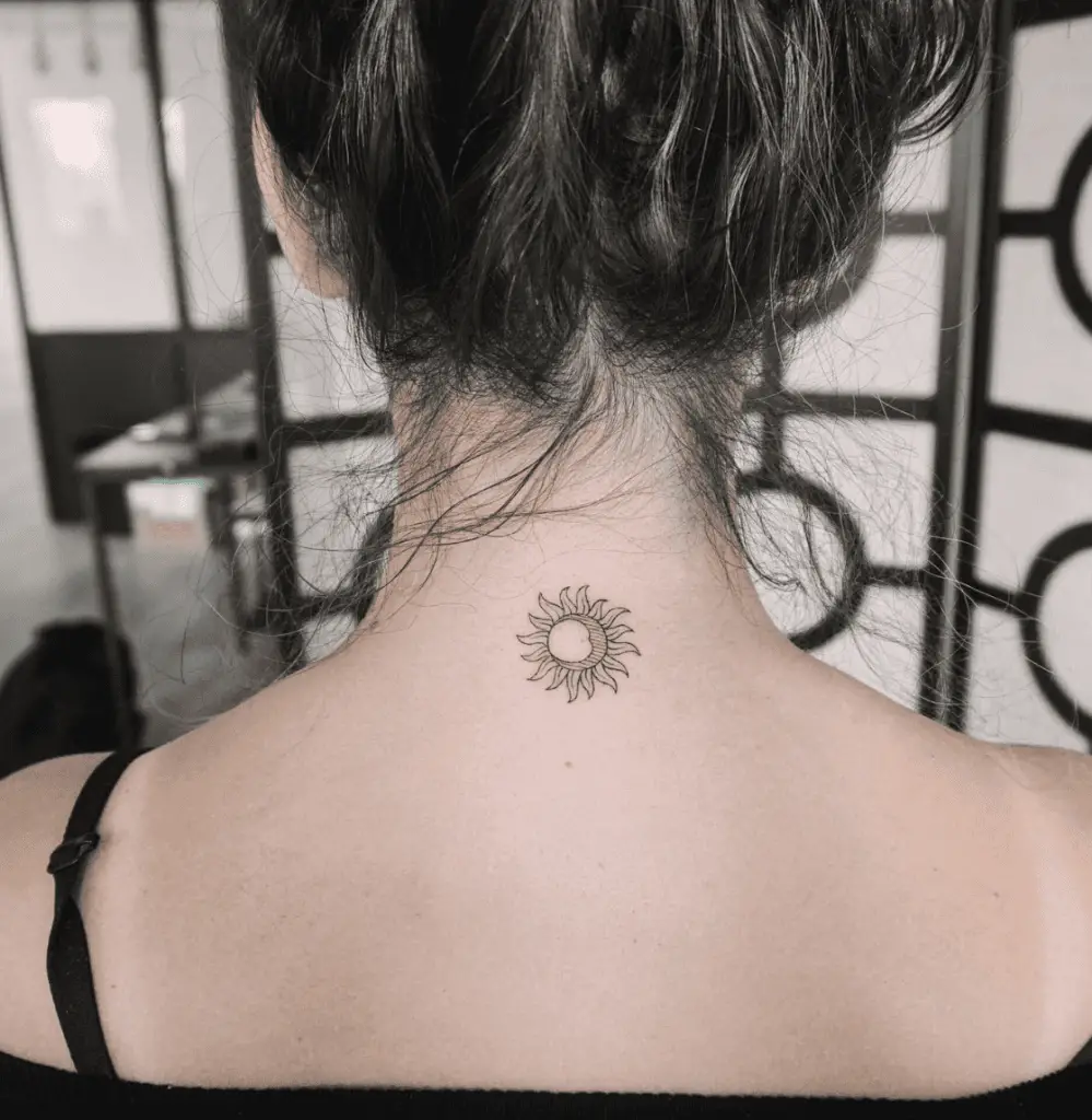Line Art Small Sun and Moon Neck Tattoo