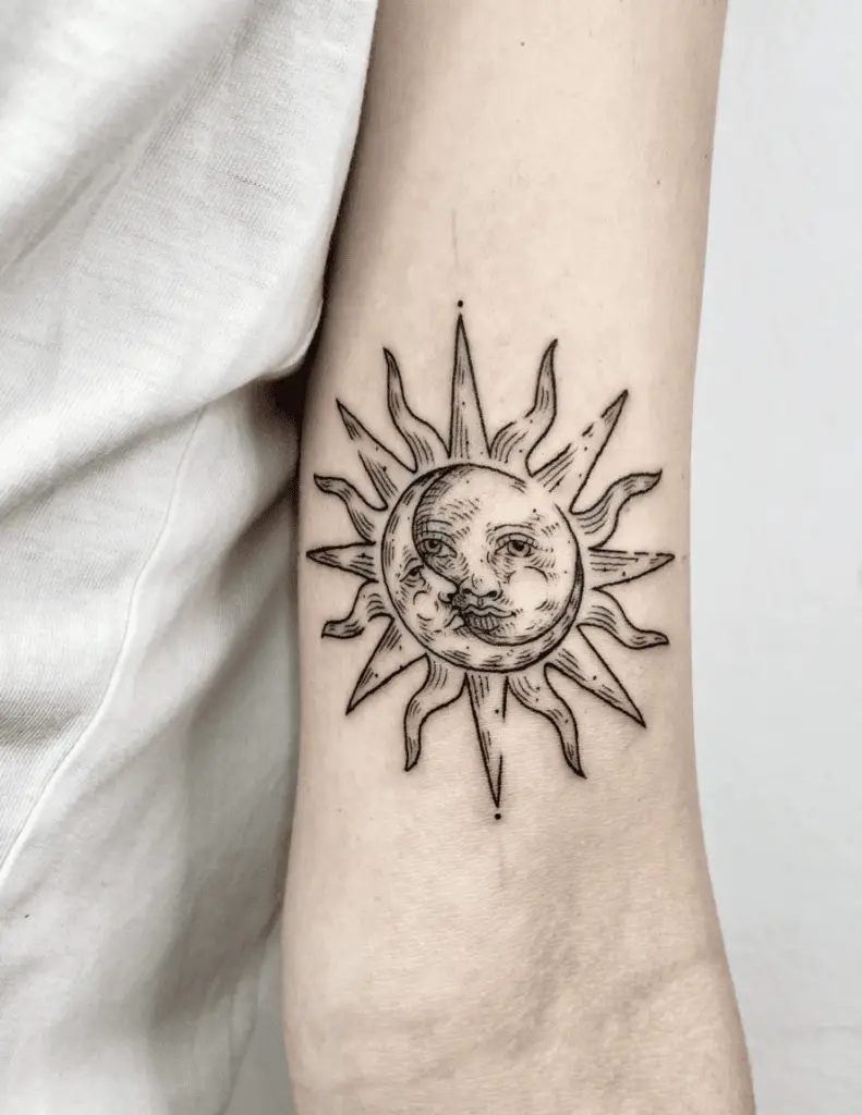Line Art Sun and Moon Face Arm Tattoo