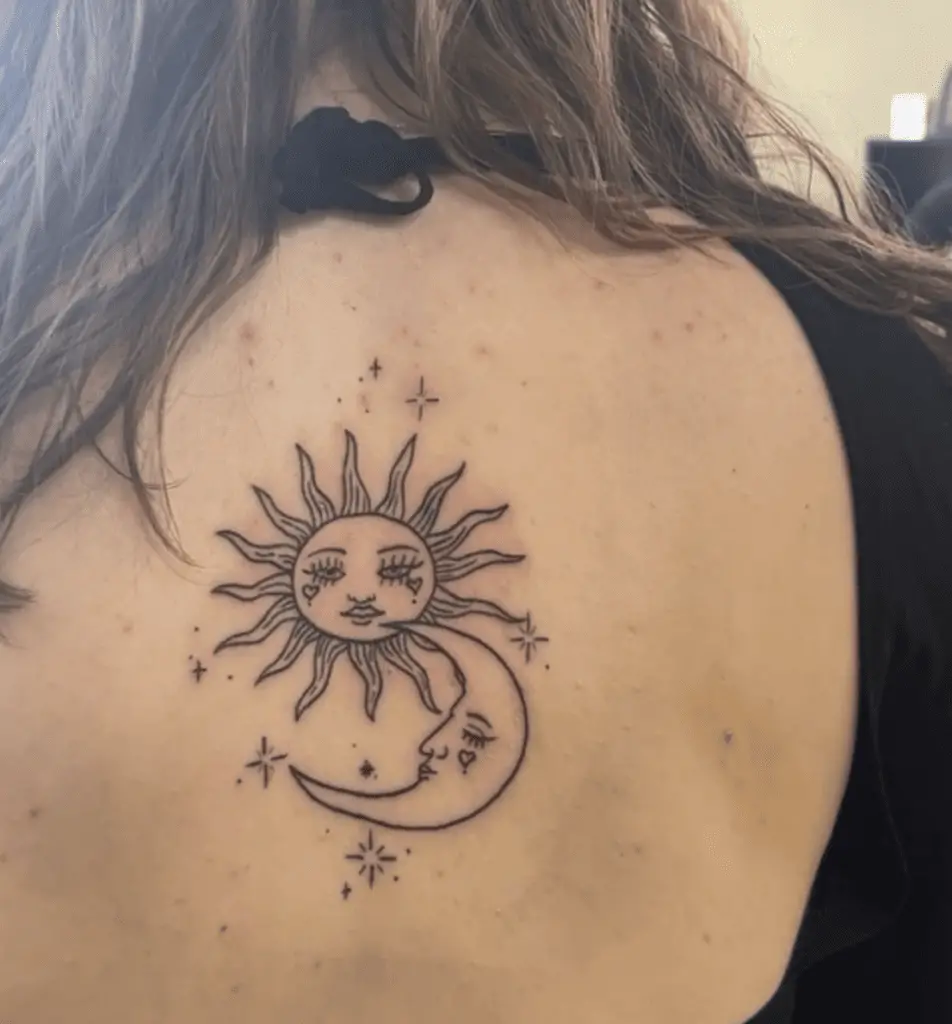 Line Art Sun and Moon Lovers Surrounded By Stars Back Tattoo