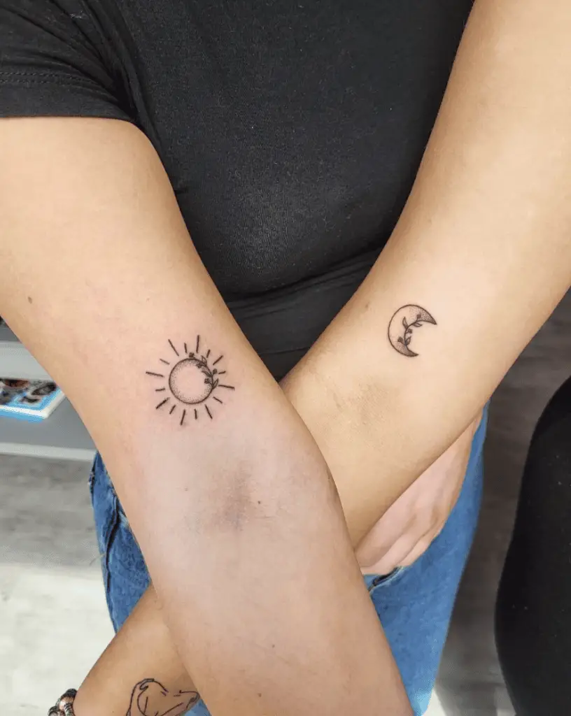 Line Art Sun and Moon With Flower Strand Arm Matching Tattoos