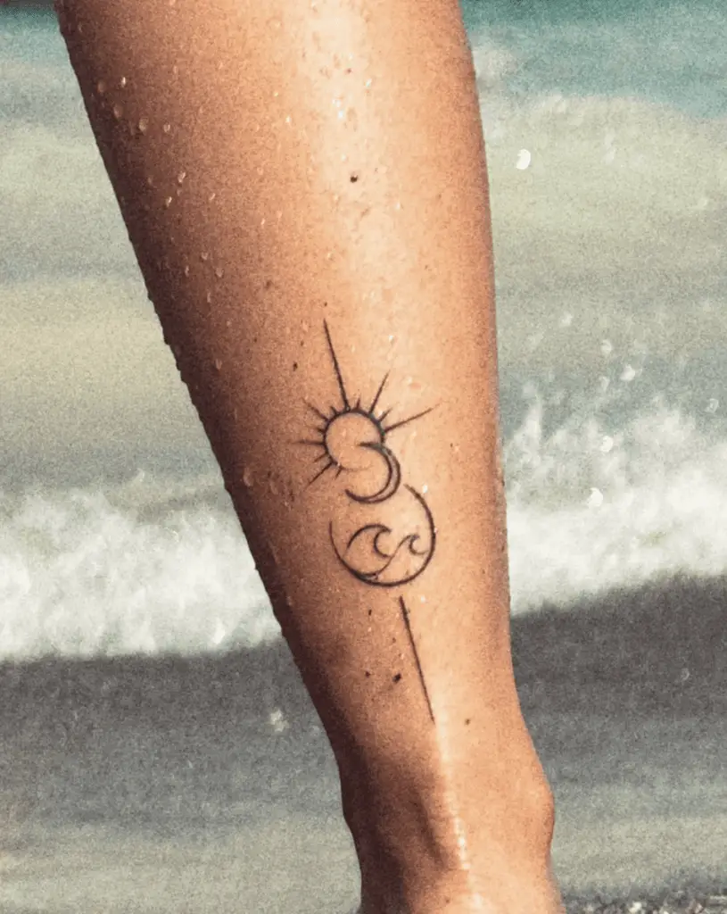 Line Art Sun and Moon and Waves Leg Tattoo