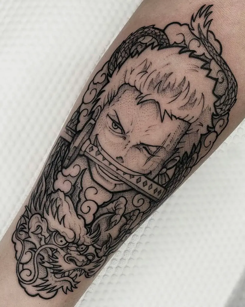 Line Art Zoro Biting His Sword Surrounded by Dragon Leg Tattoo