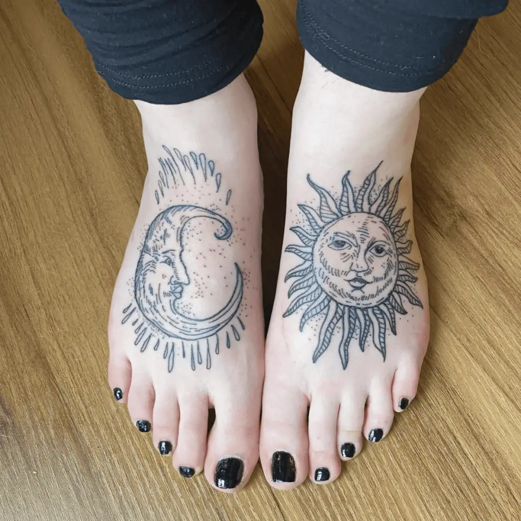 Line Detailed Cresent Moon and Sun With Face Feet Tattoo
