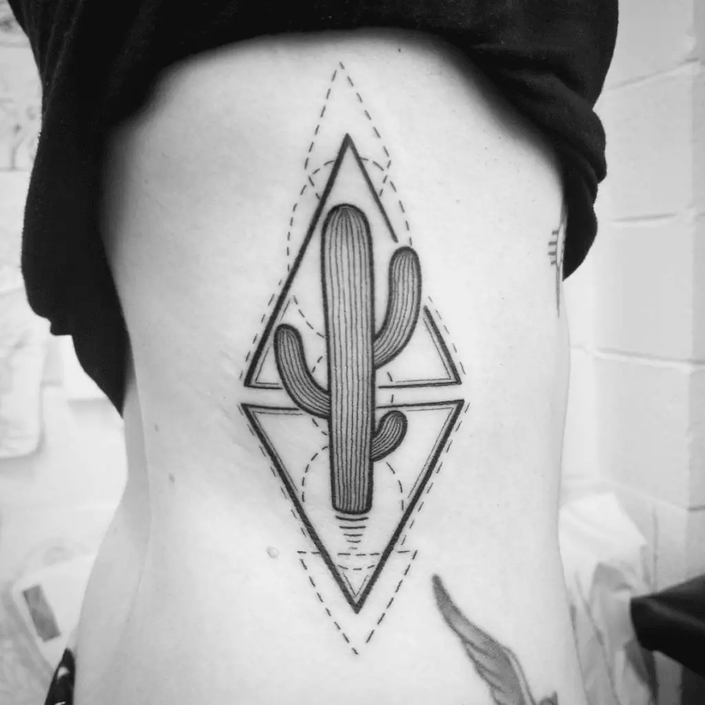 Line Work Cactus and Geometric Shapes Rib Tattoo