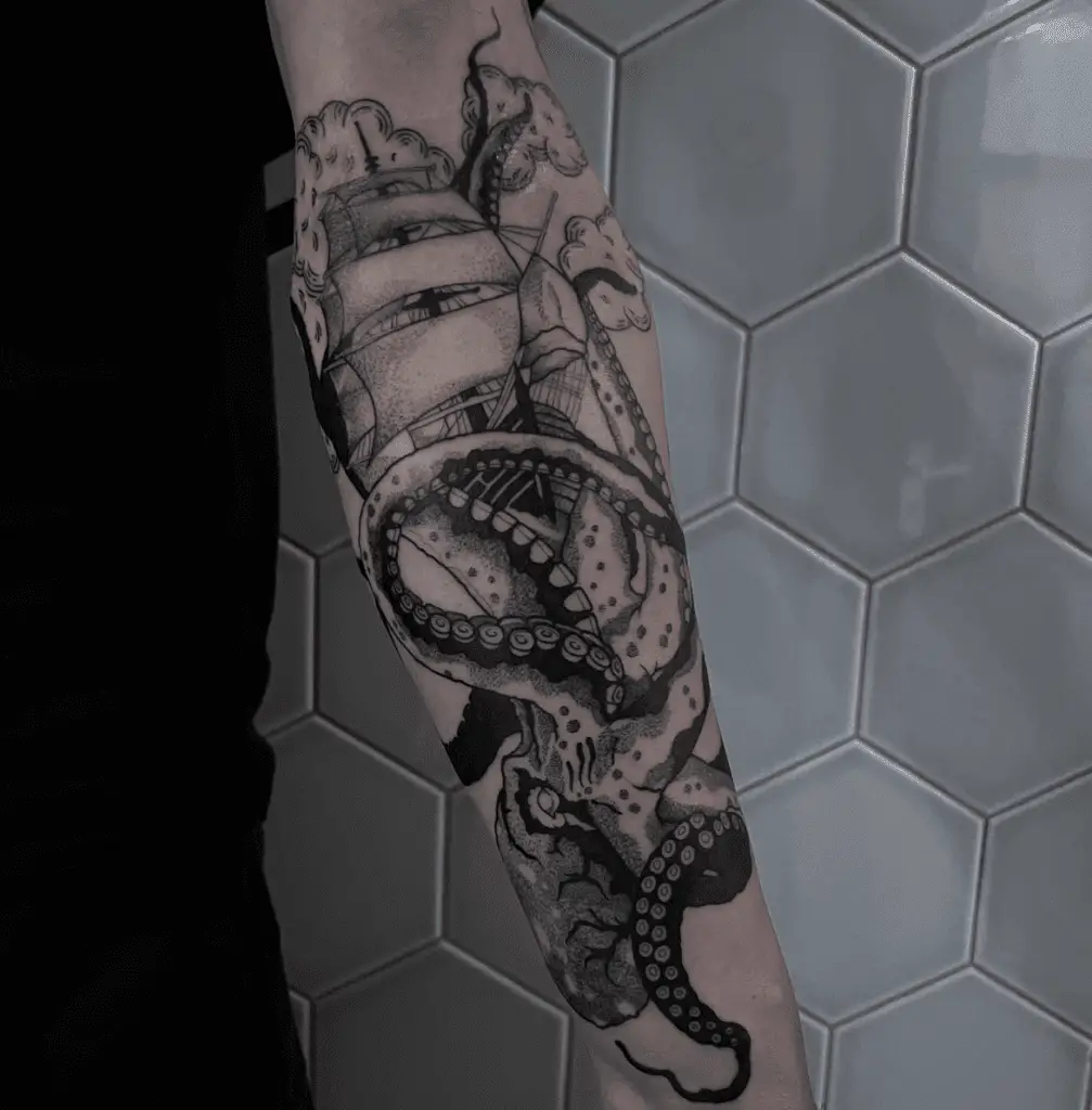 Line Work Illustration Kraken and Ship Arm Tattoo