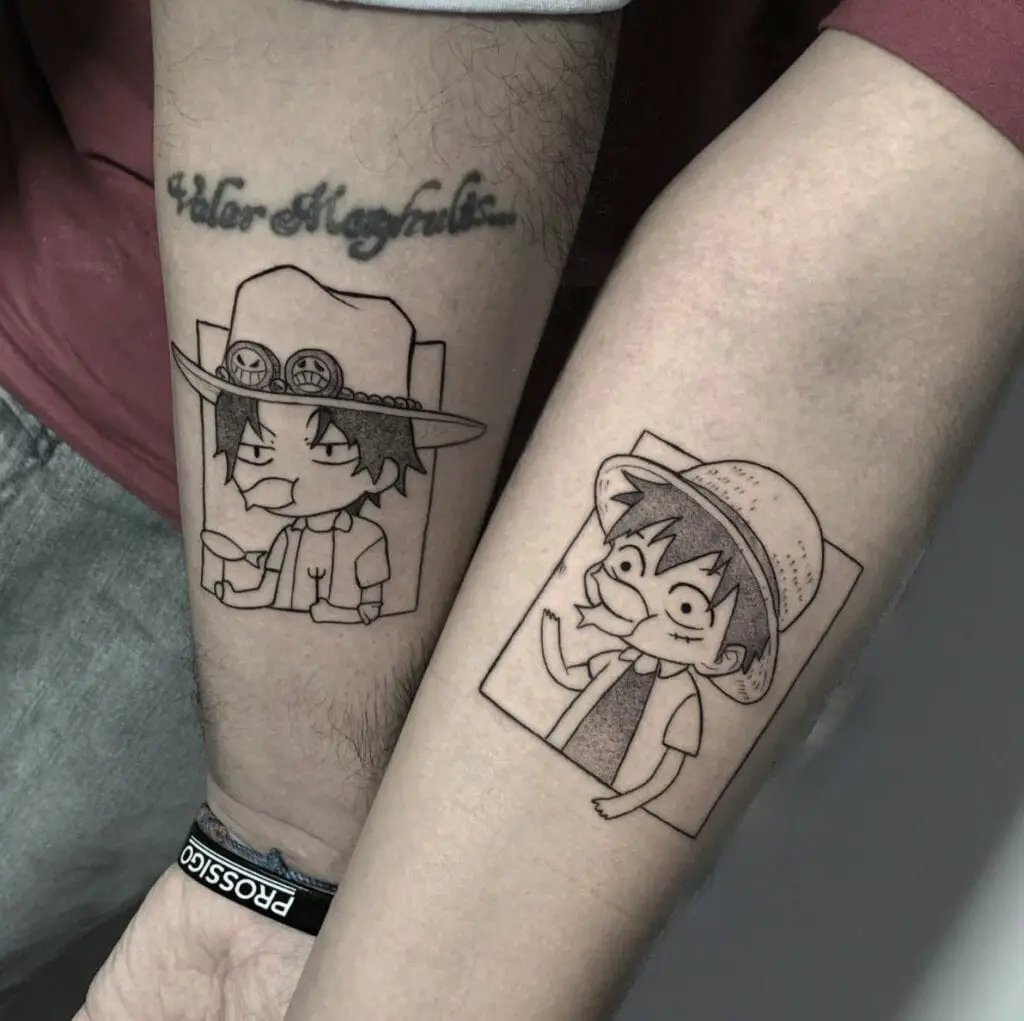 Line Work Kid Ace and Luffy Eating Fish Bread Matching Arm Tattoo