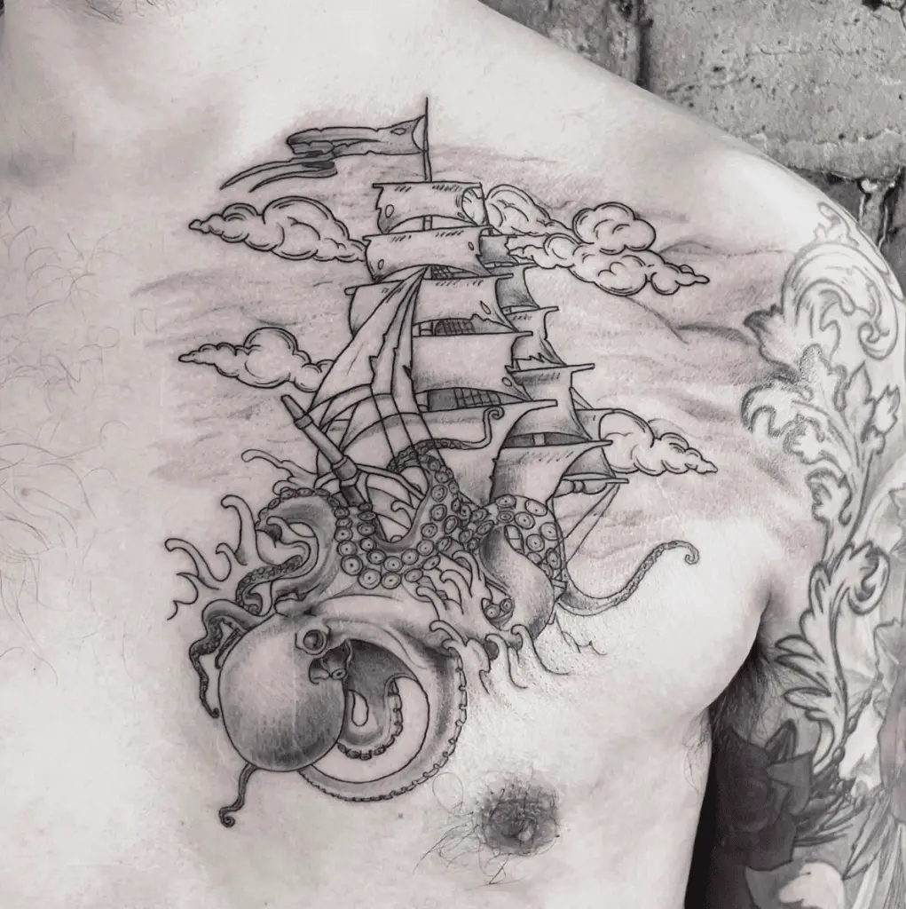 Line Work Kraken Attacking the Ship With Clouds and Sky Chest Tattoo