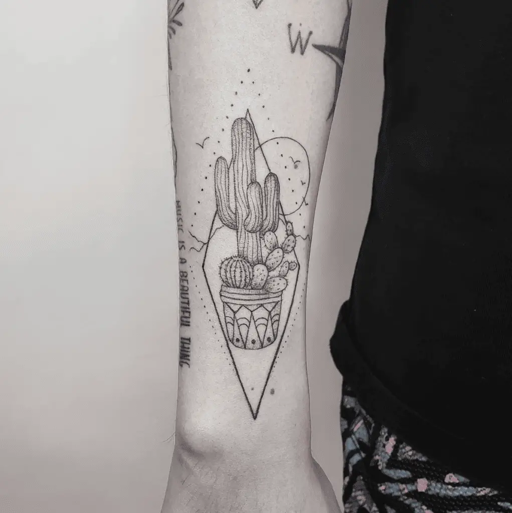 Line Work Potted Cactus Plant in Diamond Shape Arm Tattoo