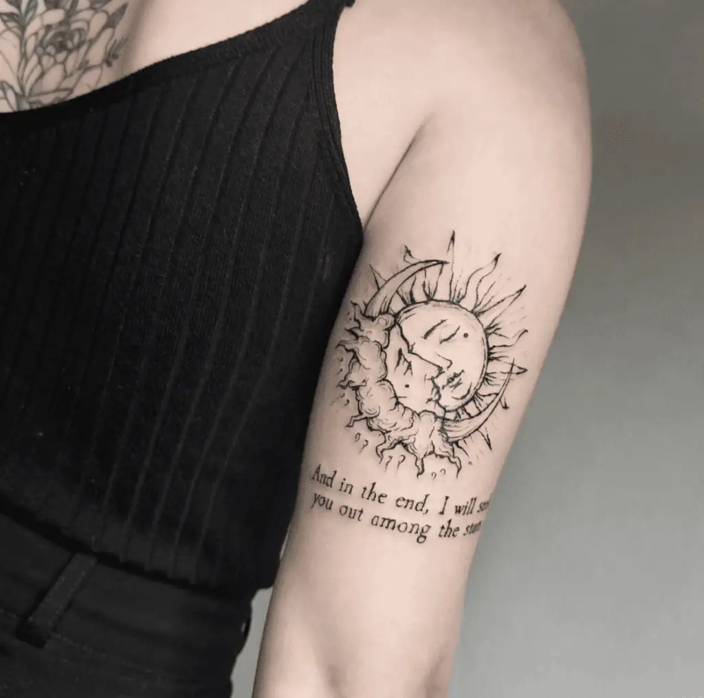 Line Work Sleeping Sun and Moon With Quotes Text Upper Arm Tattoo
