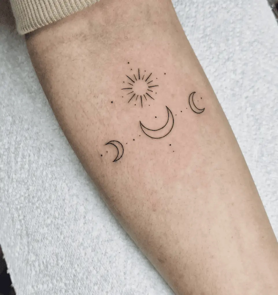 Line Work Sun and Crescent Moon Arm Tattoo