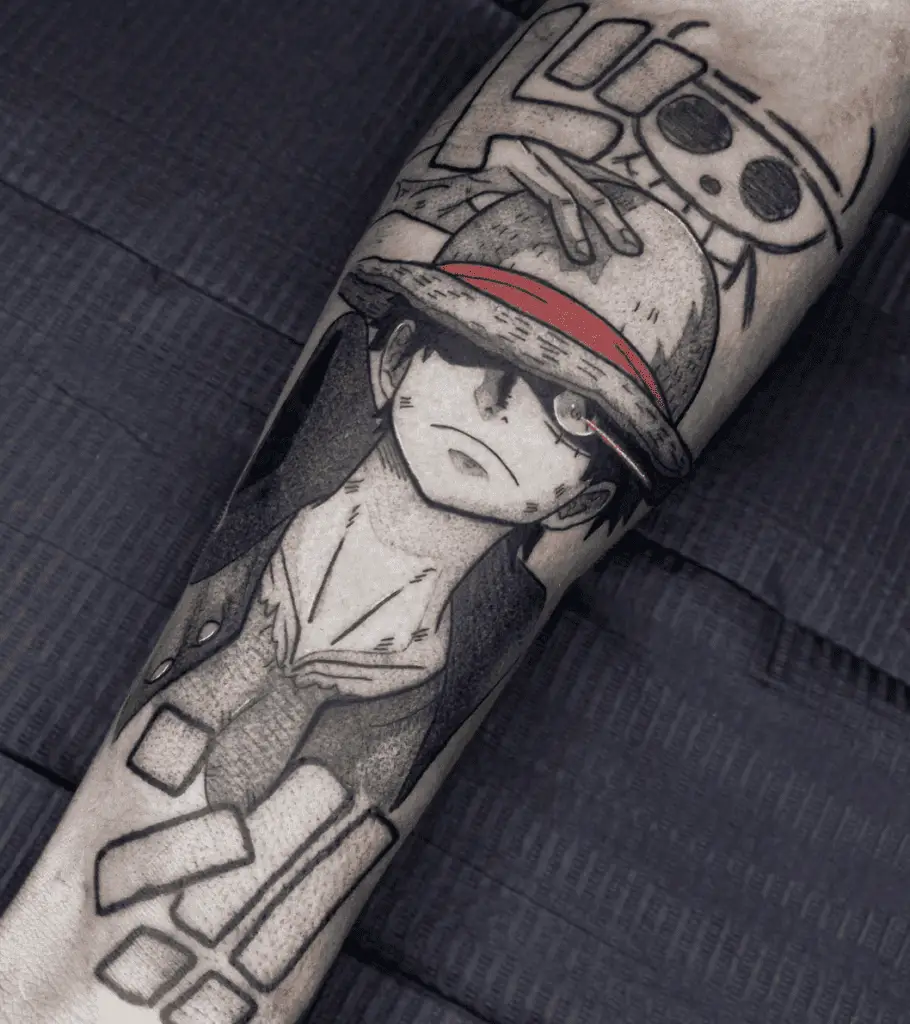 Luffy Holding His Hat With Japanese Characters Arm Tattoo