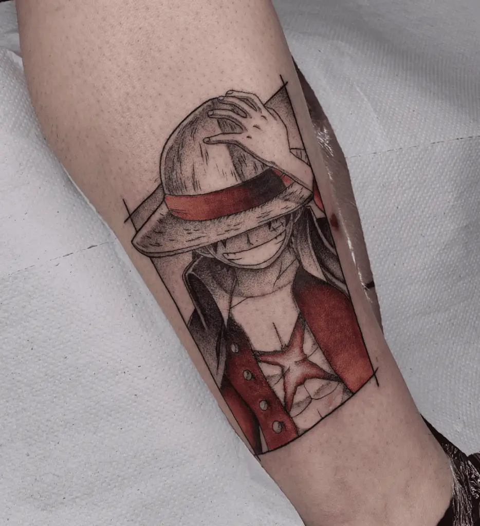Luffy Holding on His Hat Leg Tattoo