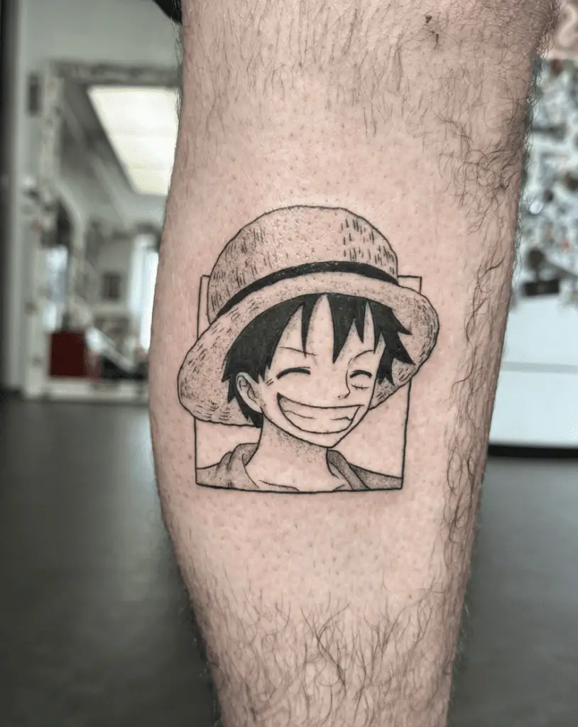 Luffy Smiling in Outline Box Leg Tattoo