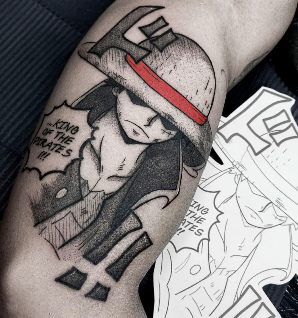 Luffy WIth His Hat and Spiky Speech Bubble Arm Tattoo