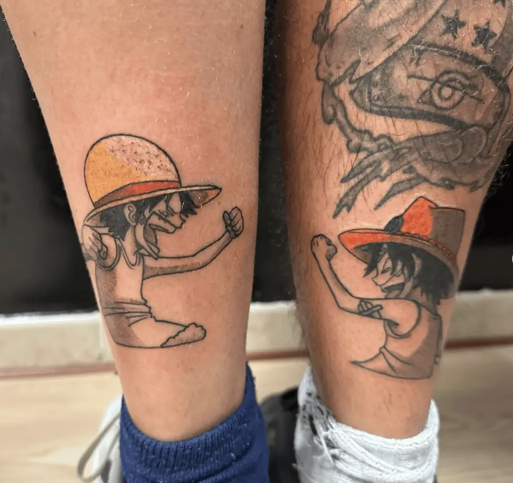Luffy and Ace Making Friendship Gesture Matching Leg Tattoo