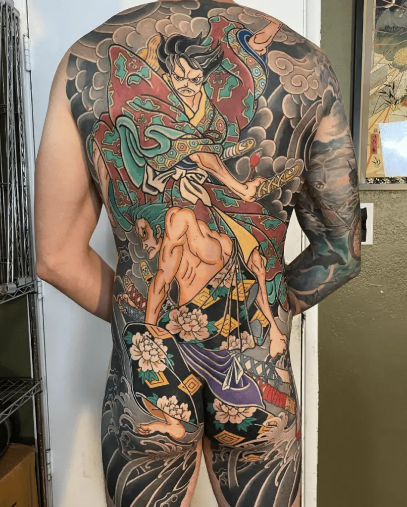 Luffy and Zoro With Flowers Artwork Full Back Body Tattoo
