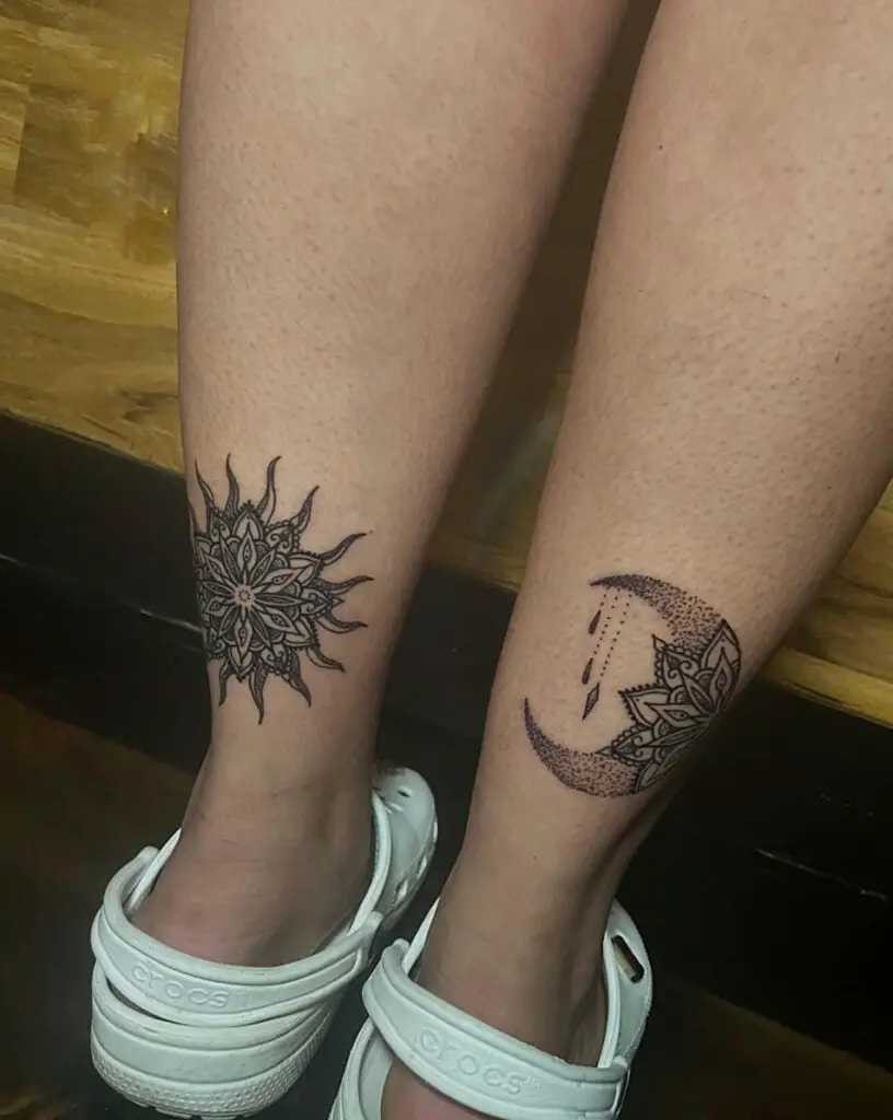 Mandala Sun and Moon Ankle Tattoo