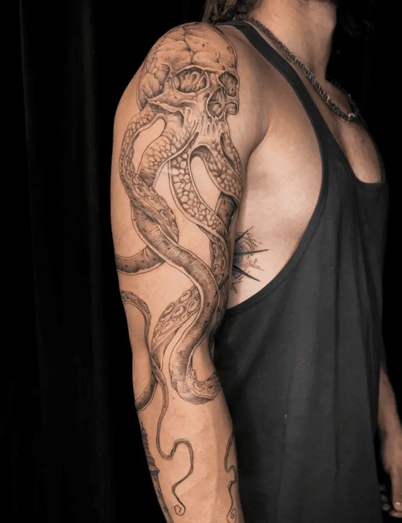 Microrealism Kraken Skull Arm Tattoo