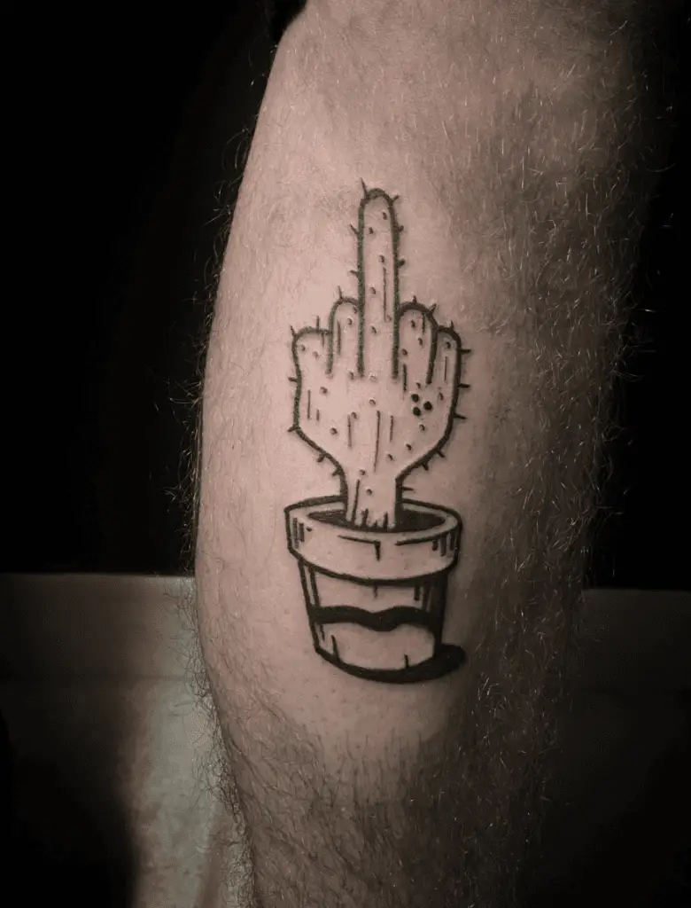 Middle Finger Cactus Leg Tattoo