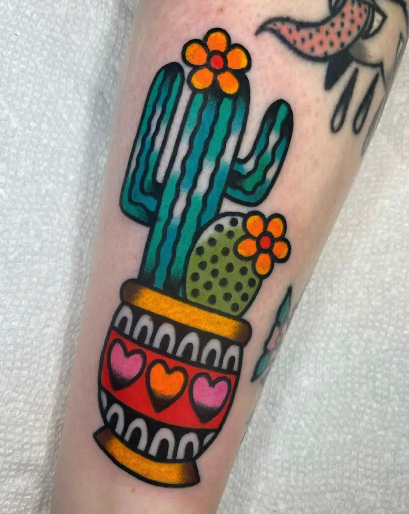 Neo Colored Cactus in Heart Pattern Design Pot Arm Tattoo