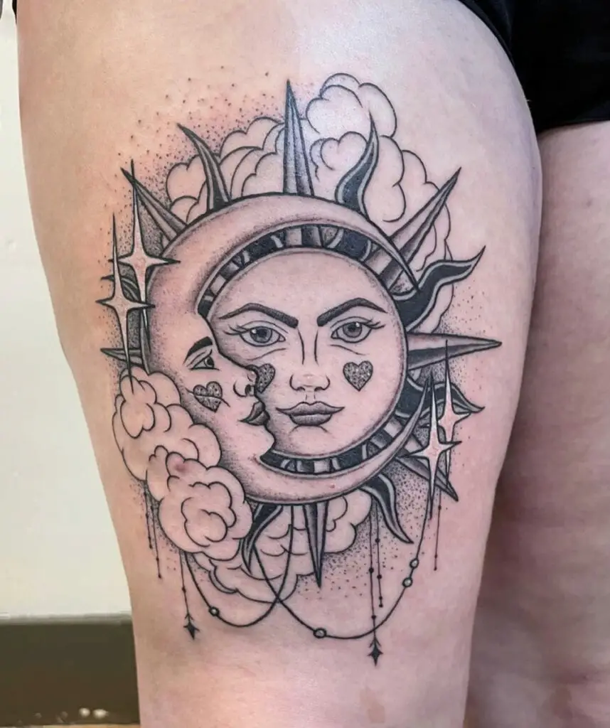 Ornamental Celestial Sun and Moon With Heart Blush Thigh Tattoo