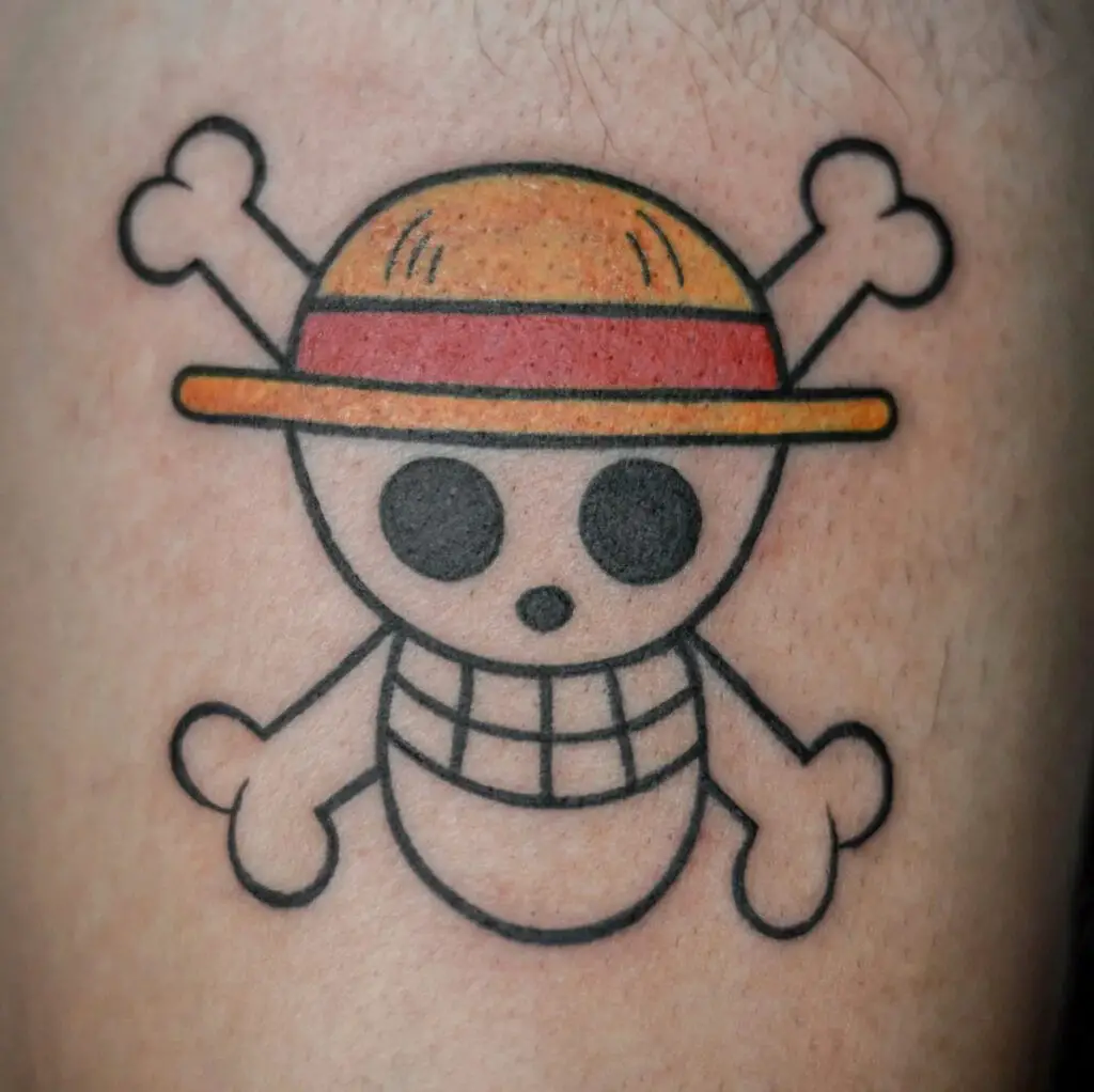 Outline Pirate Skull With Colored Straw Hat Tattoo