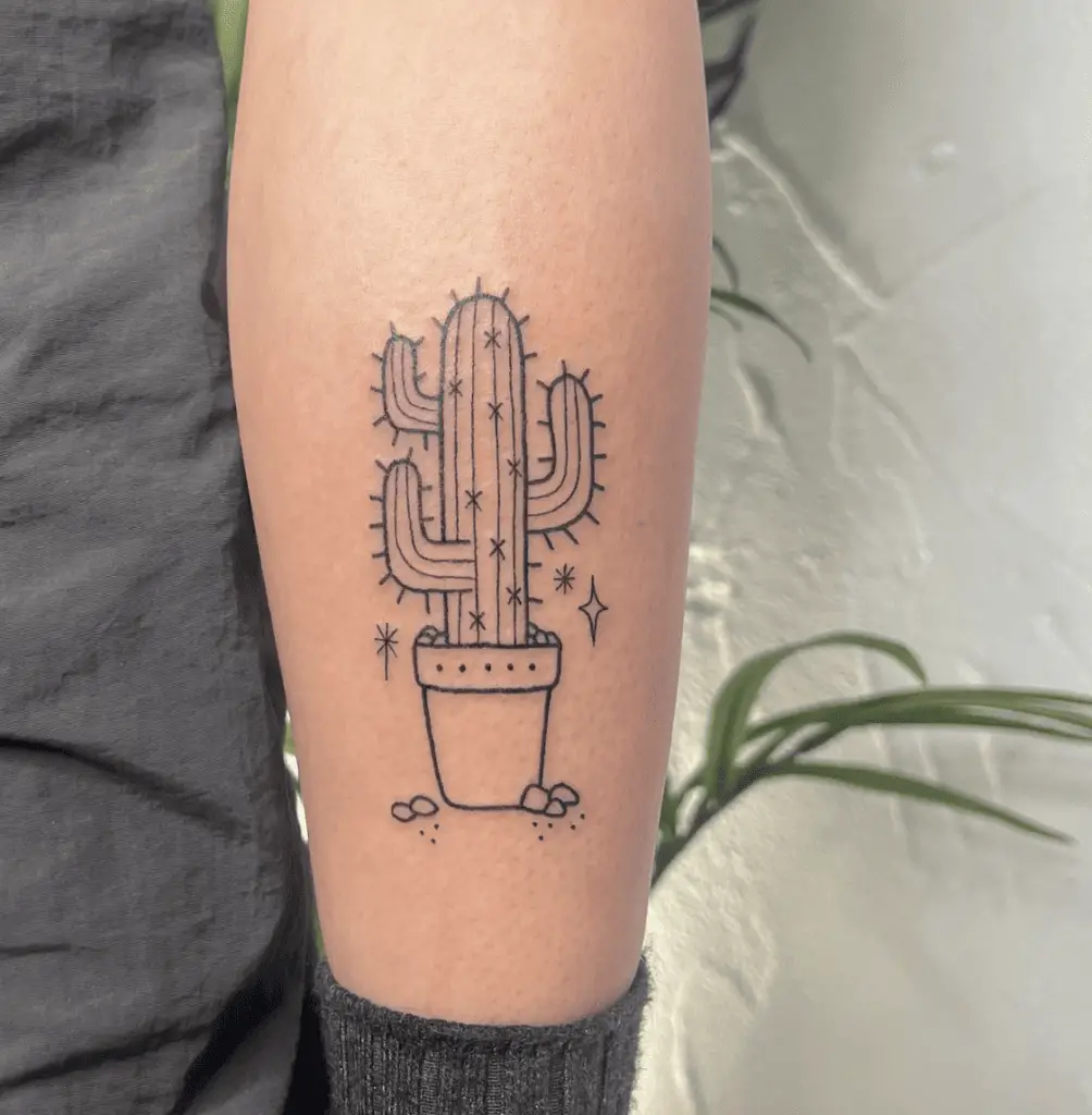 Outline Sparkle Cactus Leg Tattoo