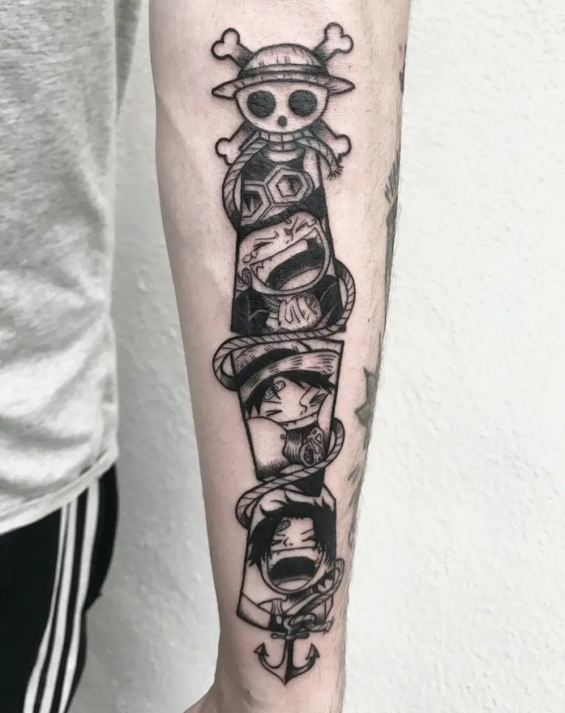 Pirate Skull Holding the Rope Around Sabo, Luffy and Ace Arm Tattoo