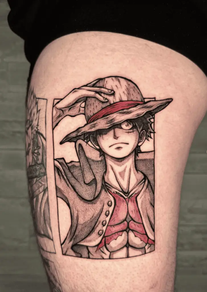 Portrait of Luffy Holding His Hat in Outline Box Thigh Tattoo