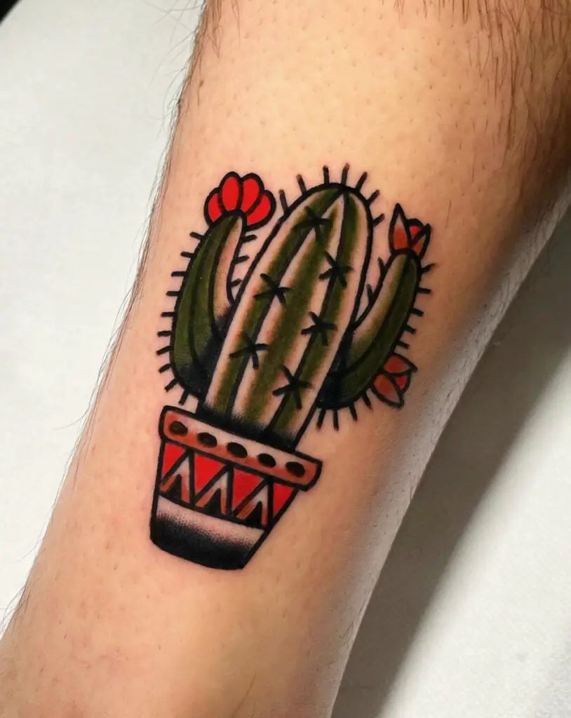 Potted Cactus With Red Details Arm Tattoo