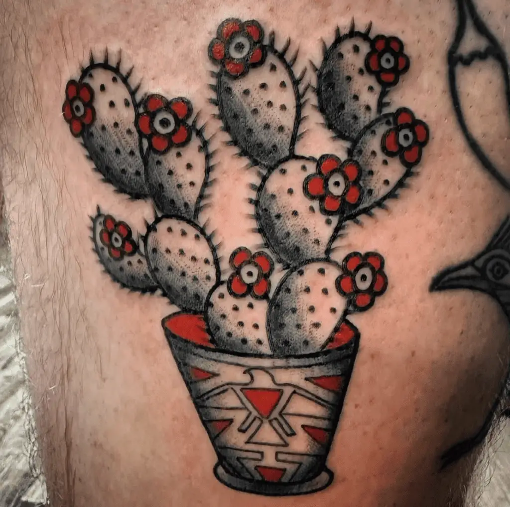 Potted Cactus With Red Flowers Thigh Tattoo