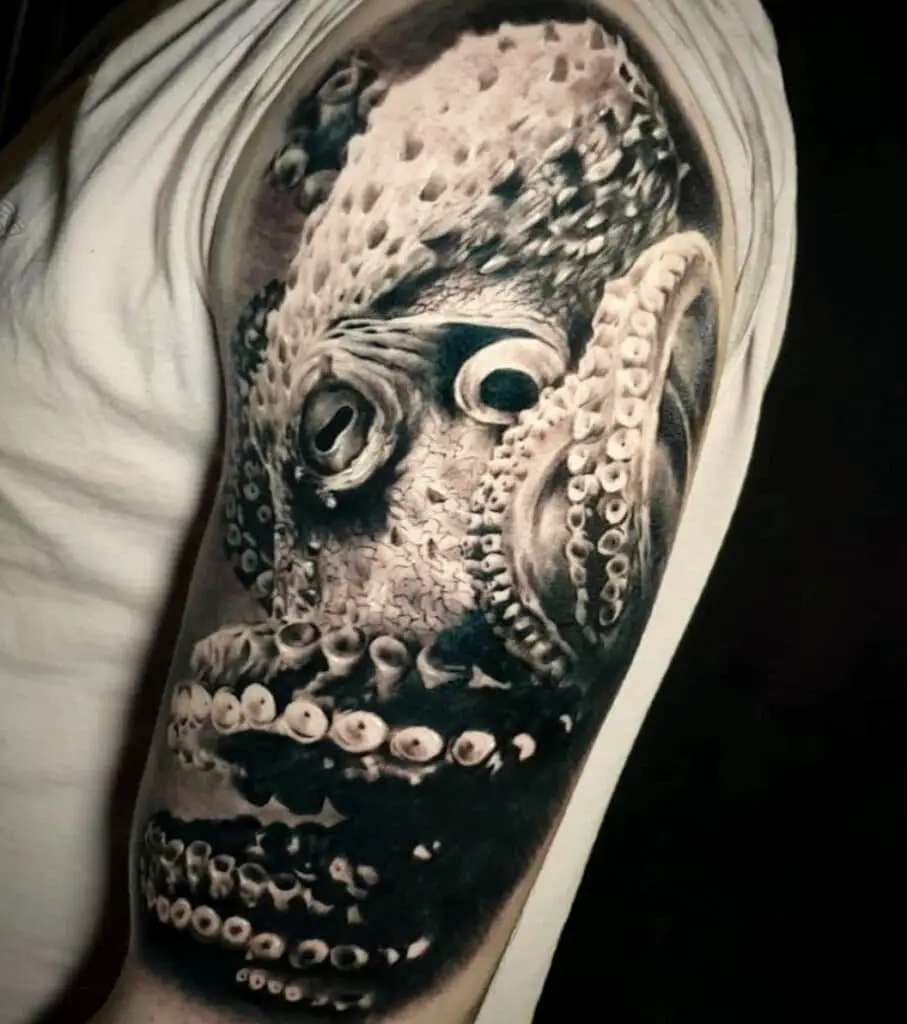 Realistic Close Up Photo of Kraken Upper Arm Tattoo
