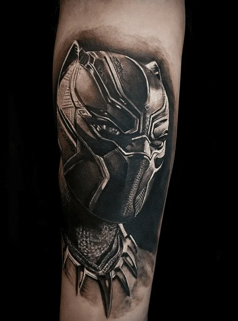 Realistic Detailed Black Panther in Vibranium Suit Arm Tattoo