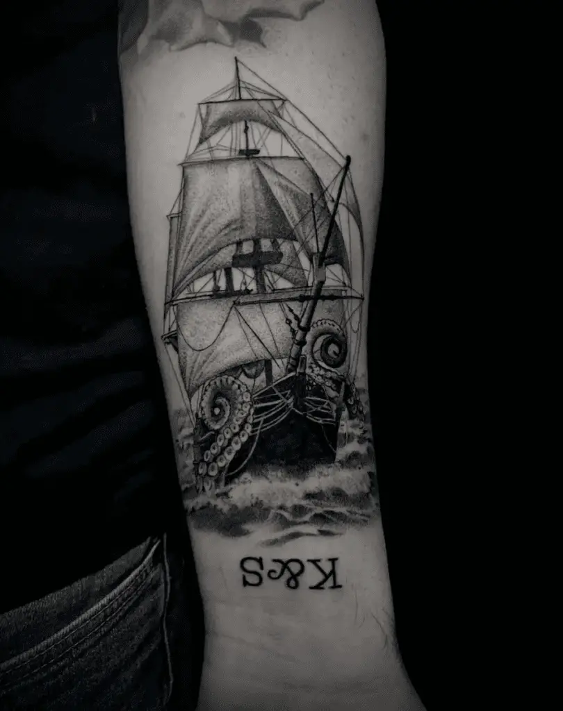 Realistic Illustration of Kraken With Tall Ship Arm Tattoo