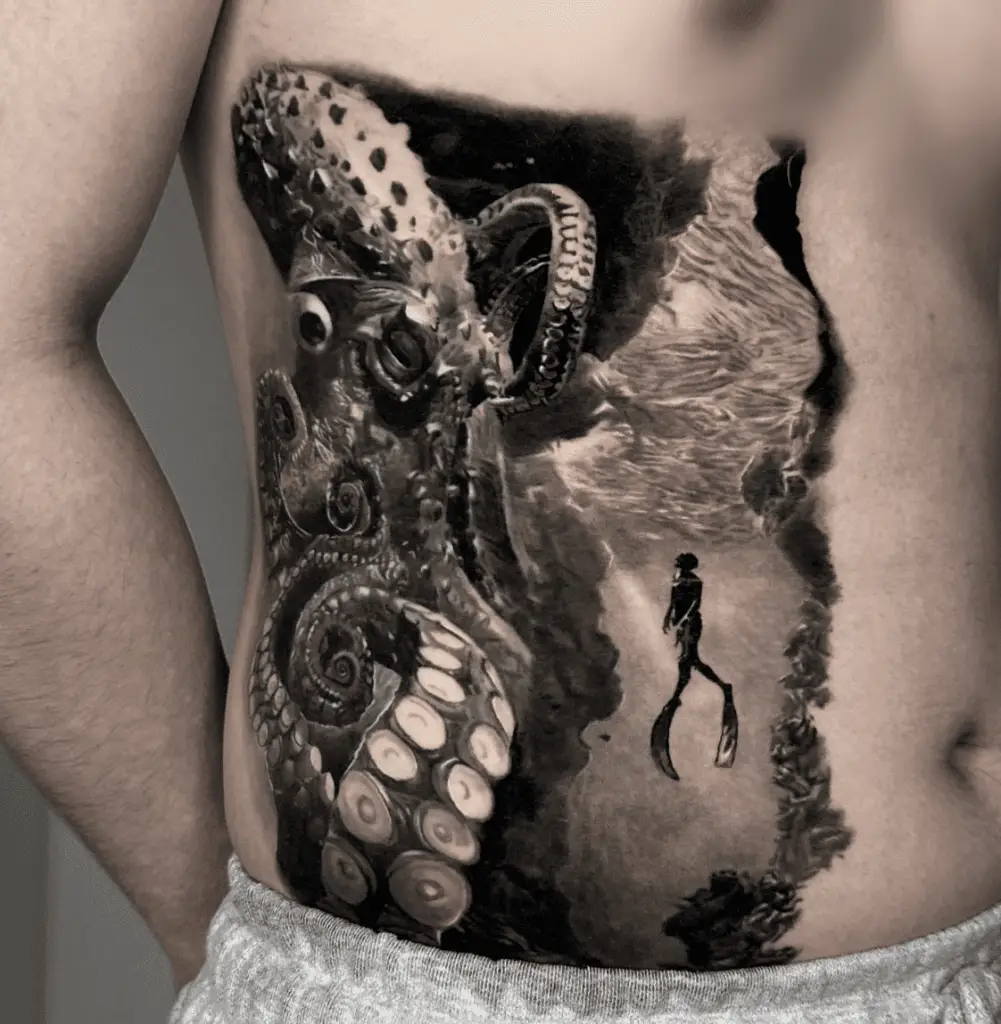 Realistic Illustration of Kraken and Scuba Diver Under the Sea Stomach Tattoo