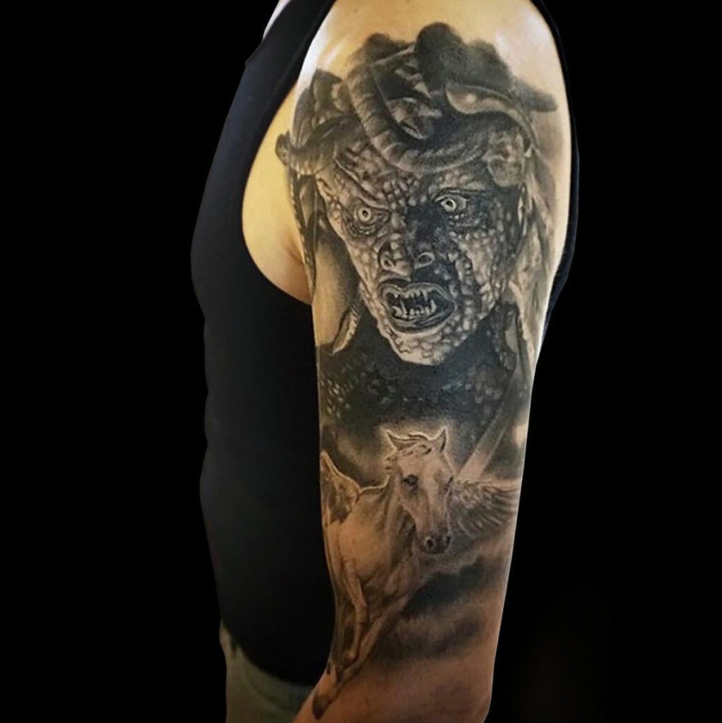 Realistic Kraken Monster With Human Face Arm Tattoo