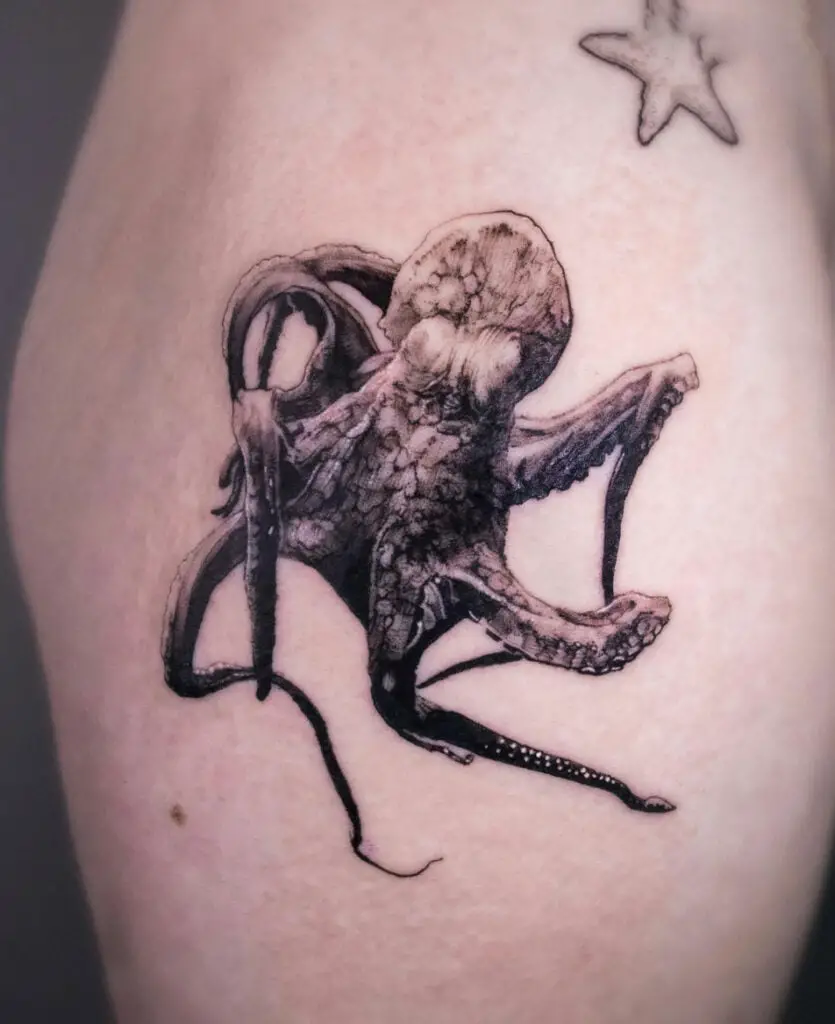 Realistic Octopus Thigh Tattoo