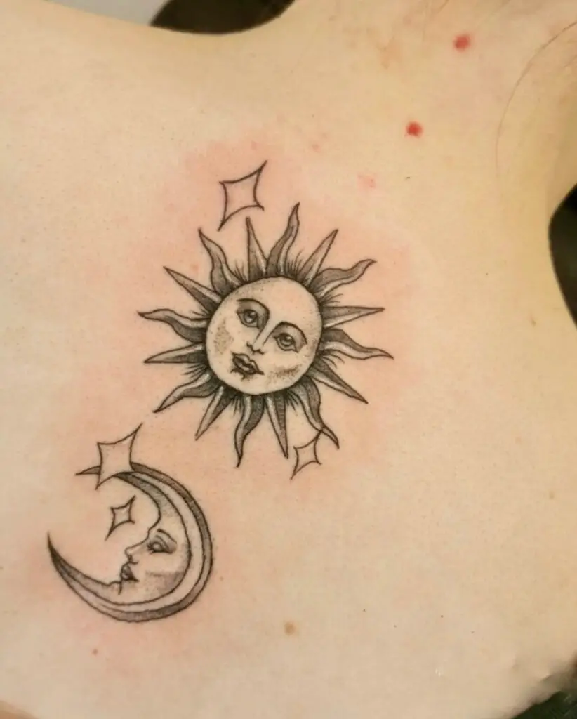 Realistic Sun and Crescent Moon Face With Sparkles Back Tattoo